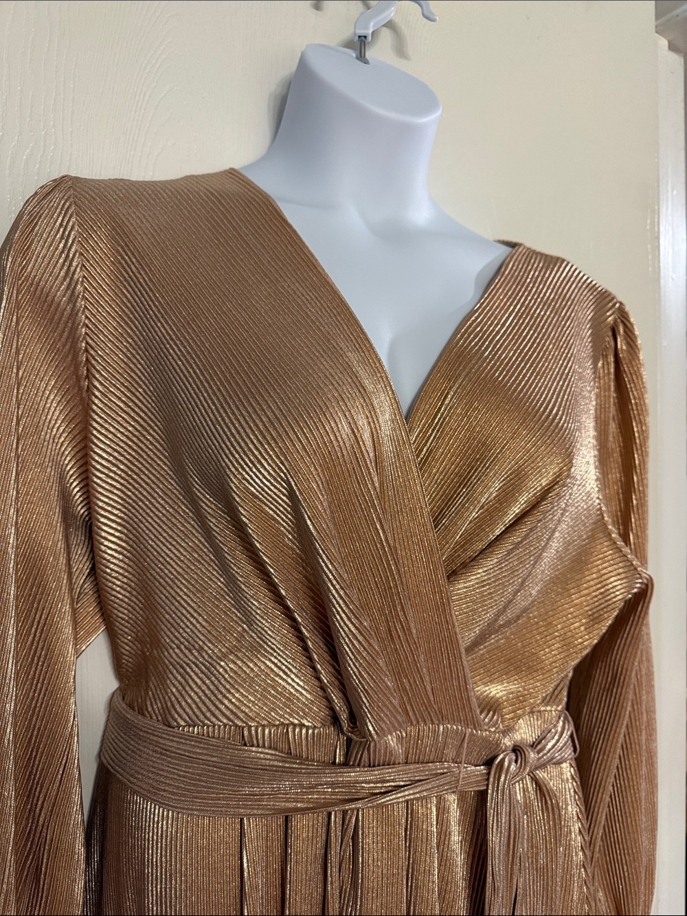 Chenault Metallic Rose Gold Long-Sleeve Wrap Dress with Tie Waist - Picture 3 of 4